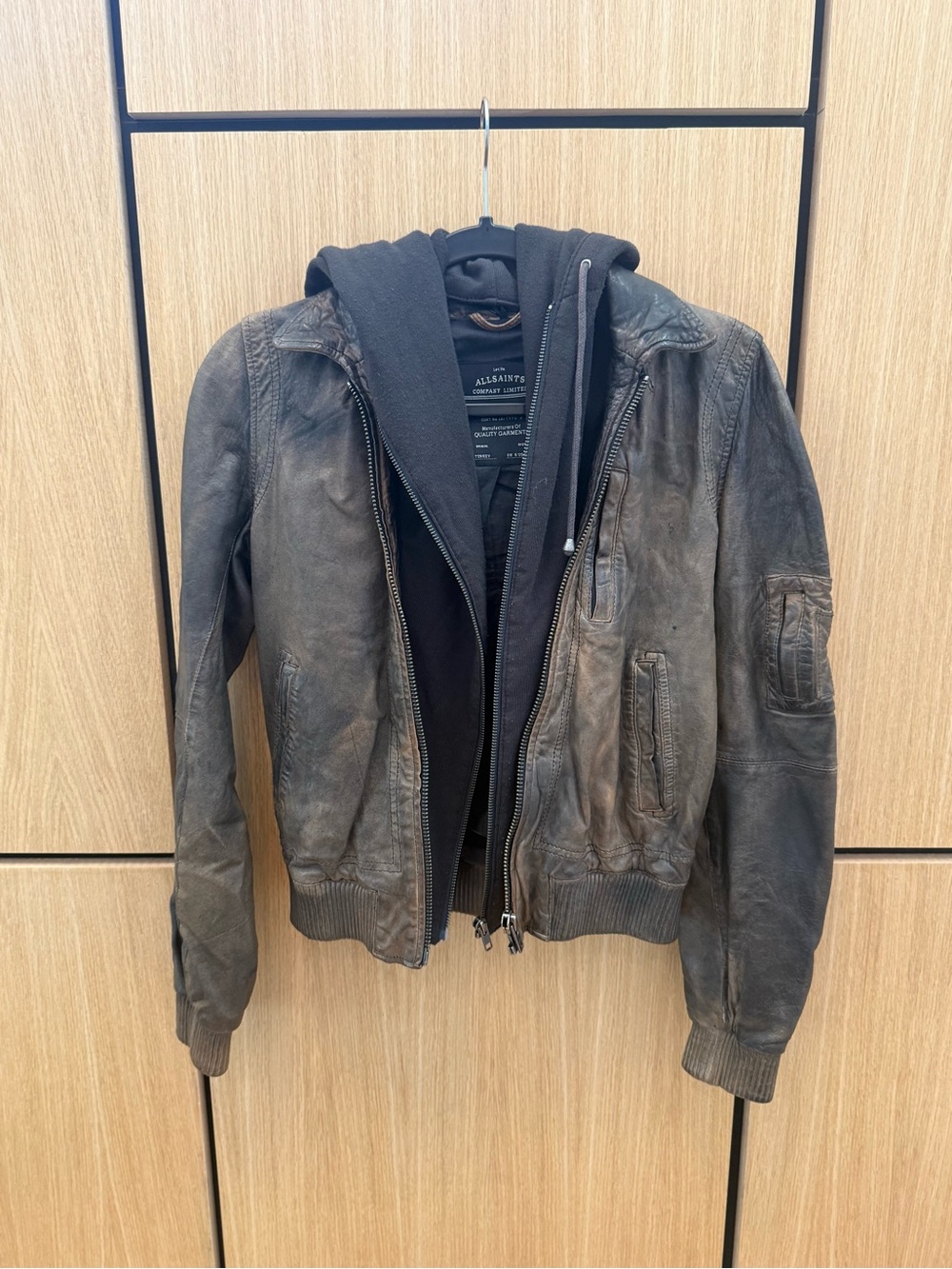 All Saints Brown/Black Leather Bomber Jacket with Hoodie